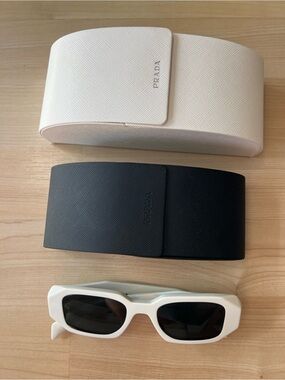 Prada White Sunglasses with Black Lenses and Dual Prada Cases